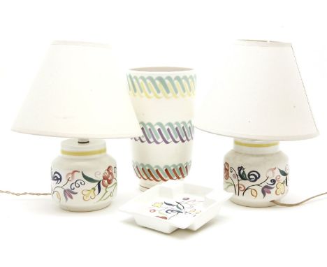 Poole pottery - two table lamps, a vase, and an ashtray