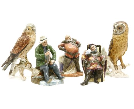 Three Royal Doulton figures, A Good Catch HN2258, Falstaff HN2054, and The Foaming Quart HN 2162, together with two large Goe