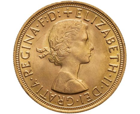 UNITED KINGDOM. Elizabeth II, 1952-2022. Gold sovereign, 1957. Royal Mint. First, laureate head of Elizabeth II facing right;