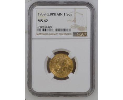 UNITED KINGDOM. Elizabeth II, 1952-2022. Gold sovereign, 1959. Royal Mint. First, laureate head of Elizabeth II facing right;