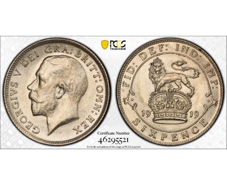 UNITED KINGDOM. George V, 1910-36. Silver sixpence, 1919. Royal Mint. Bare head of King George V facing left; B.M. below; GEO