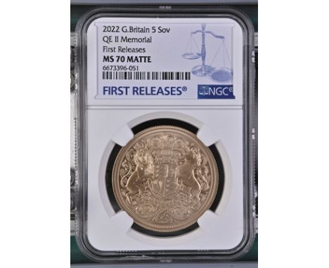 UNITED KINGDOM. Charles III, 2022-. Gold 5 pounds (5 sovereigns), 2022. Royal Mint. Matte BU. The first sovereign issue for K