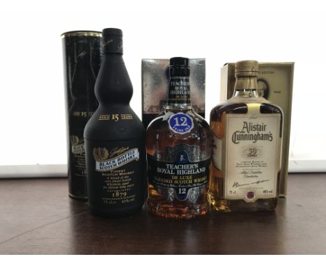 BLACK BOTTLE AGED 15 YEARS
Blended Scotch Whisky
75cl, 43% volume, in tube.
TEACHER'S ROYAL HIGHLAND AGED 12 YEARS
Blended Sc