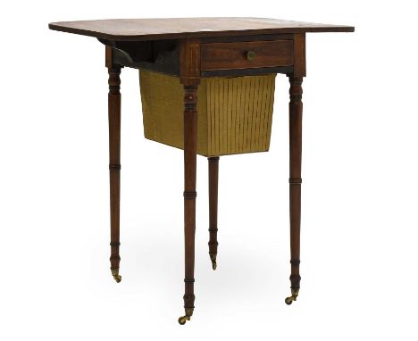 A Regency Mahogany Boxwood-Strung Work Table, early 19th century, the two rounded dropleaves above a single frieze drawer, ga