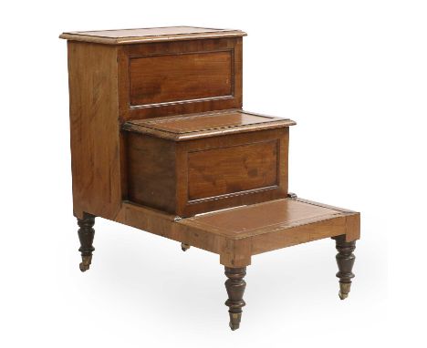 A Set of Victorian Mahogany Library Bedsteps, 3rd quarter 19th century, with three later recovered brown and gilt leather hin