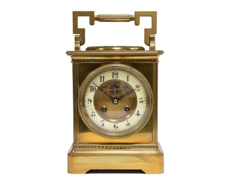 A French Brass Striking Carriage Clock with combined Thermometer/Compass Display, circa 1900, case with carrying handle, tops