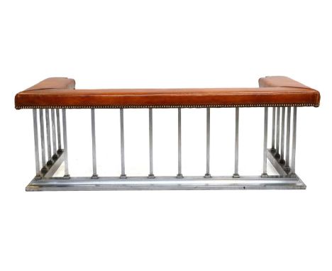 A Victorian-Style Steel Club Fender, modern, covered in close-nailed brown leather, the padded seat above square tubular supp
