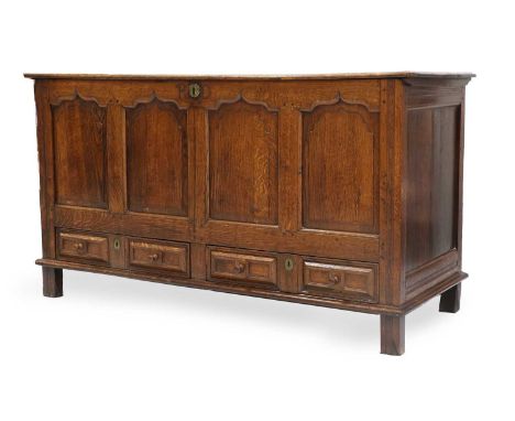 A George III Joined Oak Chest, 3rd quarter 18th century, initialled RD, the boarded hinged lid enclosing a vacant interior ab