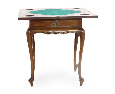 A Victorian Mahogany, Satinwood-Banded and Marquetry-Inlaid Envelope Card Table, circa 1900, the pivoting top with triangular