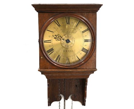 An Oak Thirty Hour Alarm Hooded Wall Clock, signed Whitehurst, Derby, circa 1800, flat top pediment, 9-1/4-inch circular bras