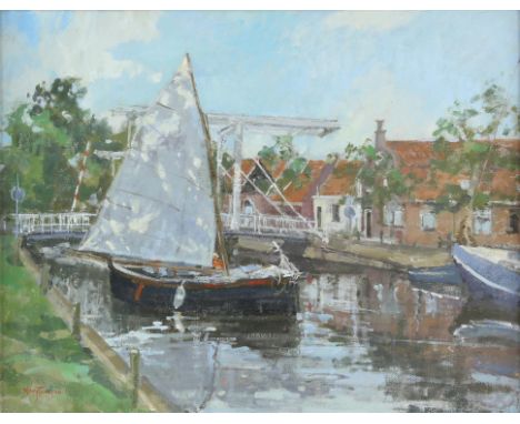 Mary Jackson (British, b. 1936), 'Dappled Light on the Canal', oil on board, signed lower left, 34.5 x 44cm, framed.Provenanc