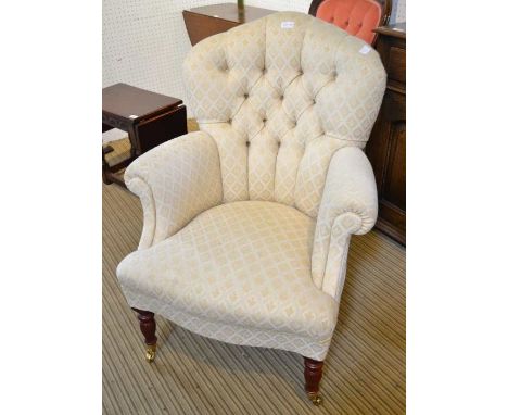 A 20th century trellis upholstered button back armchairCondition: good condition, frame sound, pale fabric a little worn, a f