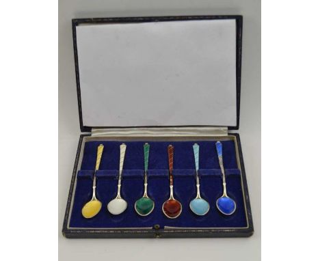 A cased set of six Danish silver &amp; enamel coffee spoons, a harlequin of colours, in a Harrods presentation box, 53g