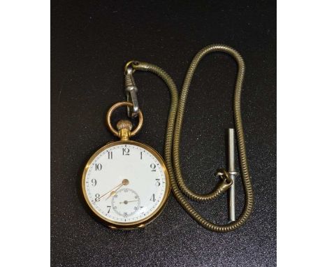 An 18k gold cased pocket watch, white enamel secondary dial with Arabic numerals, 3.5cm diameter, gross weight 38.8g