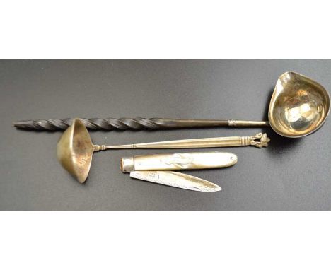 Georg Jensen, a silver ladle, with acorn finial, together with a silver bladed folding fruit knife with mother-of-pearl handl
