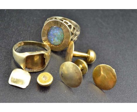 A 14k dress ring inset oval Opal, a 10k signet ring and various yellow metal studs