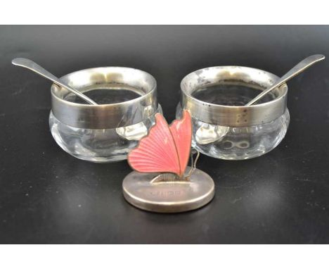 Levi &amp; Salaman, a silver &amp; enamel butterfly mounted menu holder, Birmingham 1938, together with a pair of silver moun