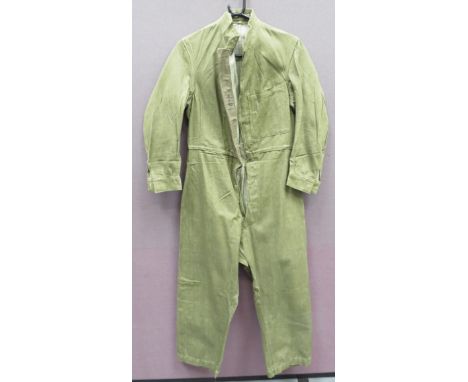 WW2 British ATS Overalls green denim, full suit.  Single breasted front.  Small, high collar.  Left breast with open top patc