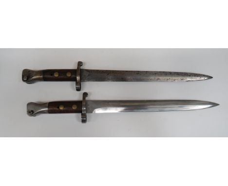 Two British P1888 MKI 2nd Type Bayonets 12 inch, double edged blades.  Forte marked to one with crowned ‚'VR‚', maker ‚'Wilki