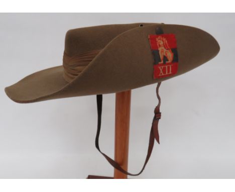 1942 Dated 12th Army Slouch Hat khaki, felt, wide brim bush hat.  The left brim turned up with printed ‚'12th Army‚' formatio