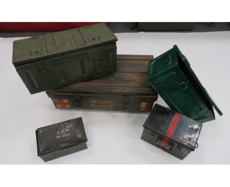 Selection of Various Steel Boxes including steel chest.  The front painted with formation badge and red cross ... 1943 dated,
