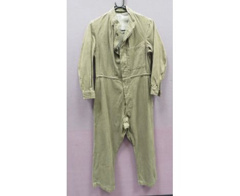 WW2 British ATS Overalls green denim, full suit.  Single breasted front.  Small, high collar.  Left breast with open top patc