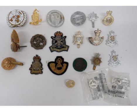Selection of Various Cap Badges including plastic economy Hampshire (blades absent) ... Bullion embroidery and silvered, QC R