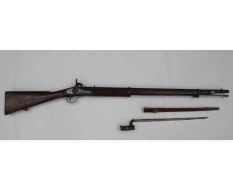 1859 Dated East India Government Sergeant‚' Two Band Musket and Bayonet 33 1/4 inch, 656, smoothbore, blued barrel.  Plain V 