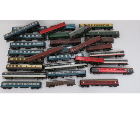 Quantity of Various Train Coaches various livery and makers including British Railways buffet by TTR ... LMS guard by Hornby 