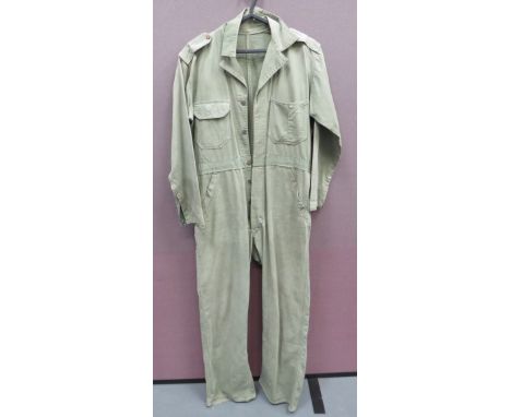 WW2 American Herringbone Twill Working Overalls green twill, full suit.  Single breasted front.  Small, fold over collar.  Pa