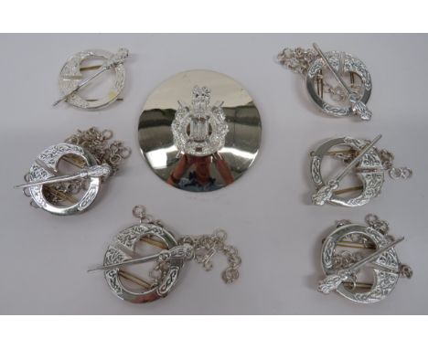Post 1953 Kings Own Scottish Borderers Plaid Brooch plated plaid disk with overlaid, plated, QC KOSB central badge.  Large br