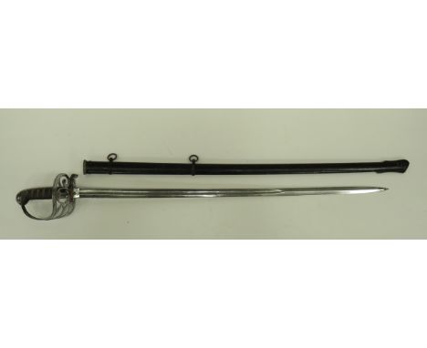 Victorian Rifle Volunteer Sword 32 inch, single edged, slightly curved blade.  Large fuller.  Etched foliage panels, strung b