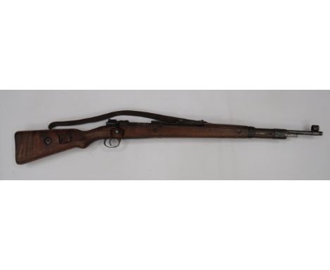 Deactivated WW2 German Mod 98 Mauser Rifle 7.92 mm, 23 3/4 inch barrel with front hooded sight. Rear leaf sight. Action with 