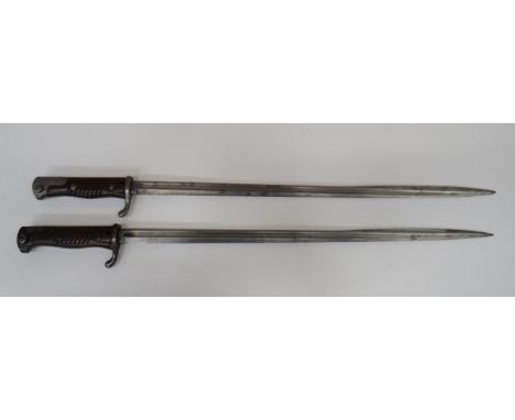Two Imperial German Seitengewehr M1898 Bayonets 20 1/2 inch, single edged, pipe back, quill point, narrow blades.  Narrow ful