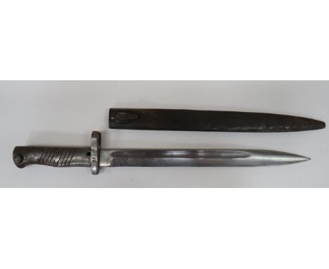 Imperial German Ersatz Bayonet 12 1/2 inch, single edged blade.  Wide fuller.  Back edge with inspection stamp.  Steel, three