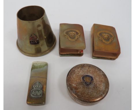 Small Selection of British Trench Art and ARP Items consisting brass shell head cover mounted with enamel, KC ARP badge ... B