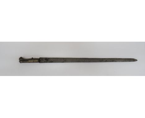 Early 19th Century Baker Bayonet 22 1/2 inch, single edged blade with sharpened back edge point.  Brass, ribbed grip and pomm