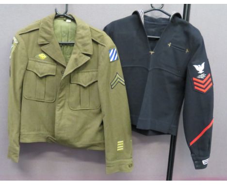 Two American WW2 Tunics consisting khaki, single breasted, open collar battle dress.  Pleated chest pockets with buttoned fla