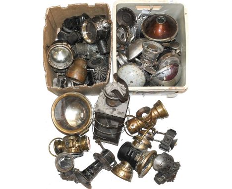~ Three Boxes of Automobilia, including: 1920/30's and later car headlamps and lenses, Radmore &amp; Co vintage car lamp, Kin