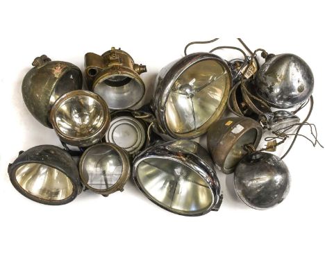 ~ Five Boxes of Assorted Car Spares, to include: chromed car lights, vintage brass horns, car fire extinguishers, assorted ca
