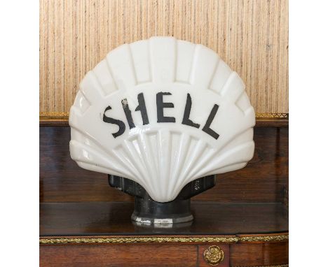 A Vintage Shell Opaque Glass Fat Boy Petrol Pump Globe, the base stamped Hailware Registered 944823, 51cm highNeck small chip