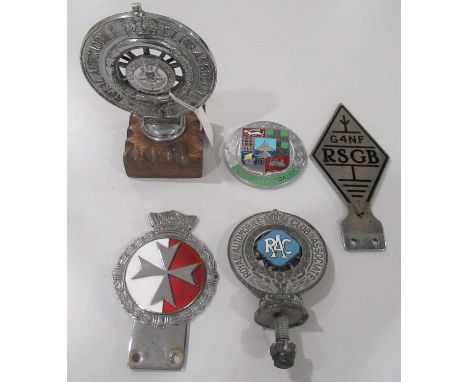 Five Chromed/Enamelled Car Badges, to include: RAC Club Associate The Bradford Automobile Club, RAC Members Club, numbered 13