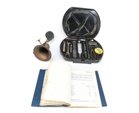 A Jaguar MKII Tool Car Tool kit, Car Manual and a Vintage Brass Car Horn (3)