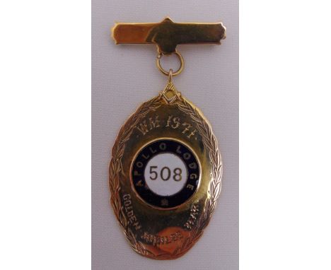 9ct gold and enamel Masonic jewel for Apollo Lodge 508, approx total weight 25.7g
