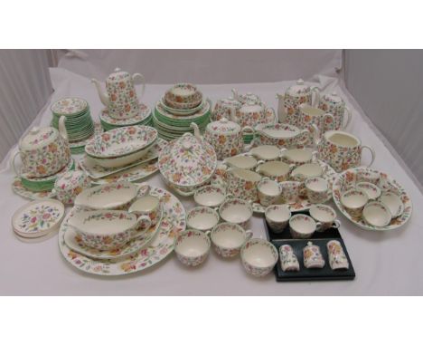 Minton Haddon Hall dinner and tea service to include, plates, bowls, soup tureen and cover, sauce boat and a cased condiment 