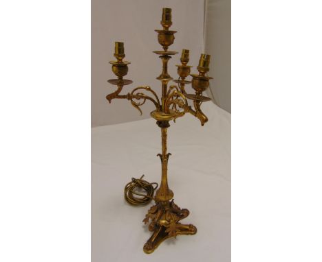Gilded metal four light candelabrum table lamp on trefoil base, 57cm (h)