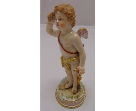 Meissen putti holding a bow and arrow, on raised circular base, marks to the base, 15cm (h)