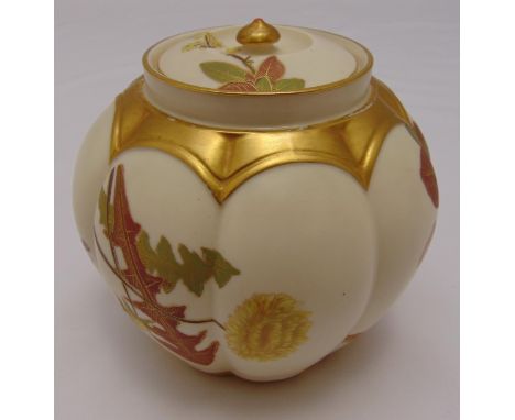 Royal Worcester melon rose jar and cover decorated with flowers and leaves, marks to the base, 15cm (h)