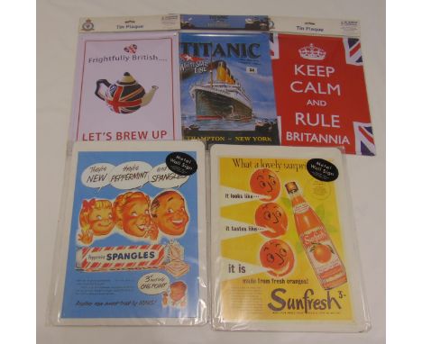 Five tin plate and enamel advertising signs to include Frightfully British, Titanic White Starline, Keep Calm and Rule Britan