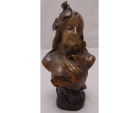 An Art Nouveau style bronzed ceramic figurine of a lady, marks to the base, 39cm (h) A/F